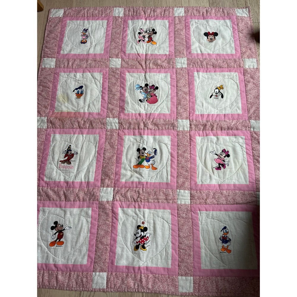 Vintage Disney Baby Quilt Pink Patchwork Mickey Minnie Donald Goofy Fantasia